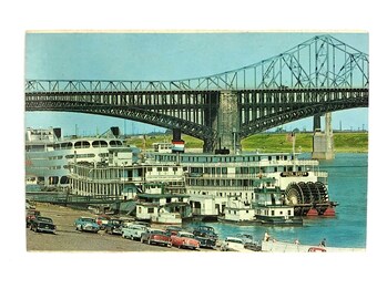 Steamboats Photo Postcard Delta Queen , Goldenrod, Admiral Bridges Cars MO 1950s