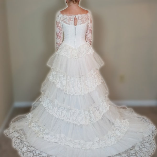 Vtg 70s Wedding Dress White Off Shoulder Ruffles Boho Beach Size 4-6 Small