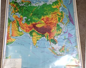 Vintage 1964 Mid Century Pull Down School Map USSR  Asia Overlay Nystrom 70x44