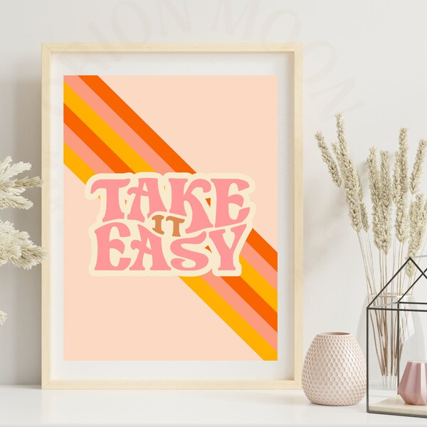 Take it easy seventies 70's retro pink striped rainbow print digital download 1 print gallery wall