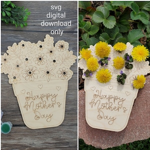 May include: A wooden craft project for Mother's Day. The project is a flower pot with the words "Happy Mother's Day" on it. The pot has holes for flowers to be inserted. The image shows the project with and without flowers.