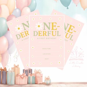 Faire-part premier anniversaire One-derful | Thème imprimable marguerite | 1r invitation d'anniversaire pastel rose clair | PNG JPG modifiable | Carte d'anniversaire fille