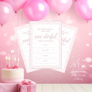 Faire-part premier anniversaire une fille, imprimable 5 x 7, rose et blanc avec noeuds, invitation à une fête modifiable, thème Isn't she beautiful