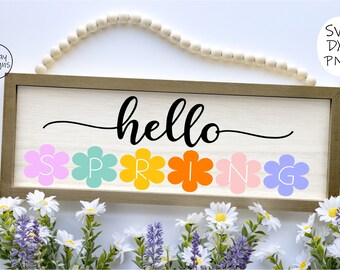 Hola Spring Flower SVG, Hello Spring, Archivo de signo de madera, percha de puerta svg, Archivo Glowforge, archivo de corte, Signo de otoño svg, Decoración svg, Flor dxf png