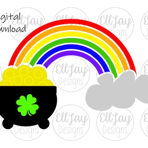 May include: A black pot filled with gold coins sits under a rainbow with a green four-leaf clover on the front of the pot.