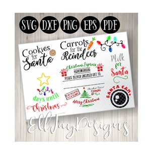 Puede incluir: Un conjunto de archivos SVG imprimibles con temática navideña que incluyen una cámara de Papá Noel, galletas para Papá Noel, zanahorias para el reno, leche para Papá Noel y una cuenta regresiva de los días hasta Navidad. Los archivos están disponibles en los formatos SVG, DXF, PNG, EPS y PDF.