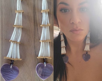 Wampum Shell Heart and Dentalium Shell Tiered Authentic Potawatomi Native American Earrings