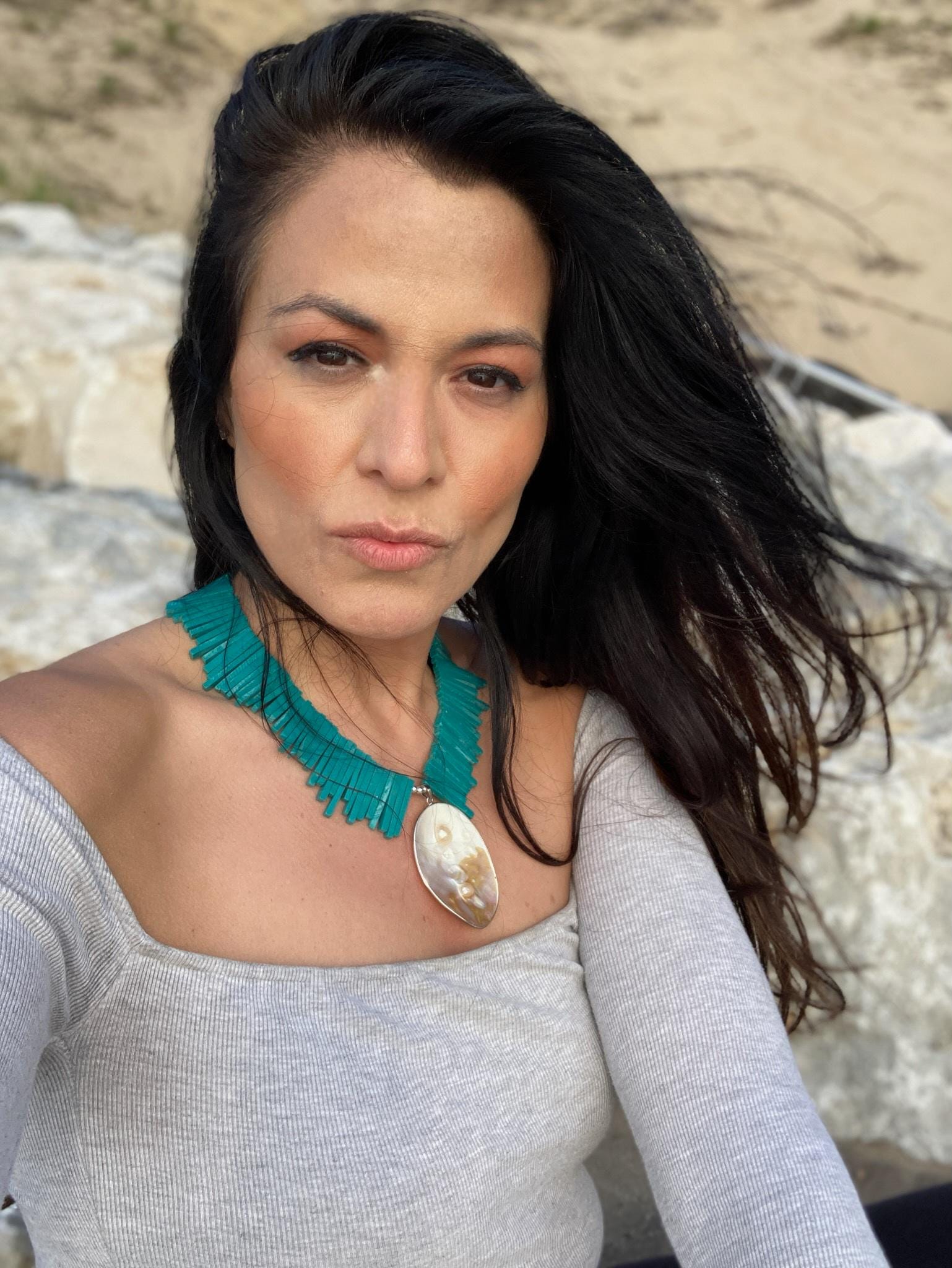 Just Around The River Bend Turquoise Stick and Blister Pearl Necklace Authentic Potawatomi Native American Made