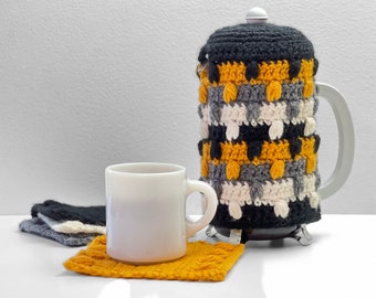 Calieta French Press Coffee Cozy Crochet & matching Coasters Pattern Worsted Yarn, 8cup 34oz by Rebecca Velasquez Revel Crochet