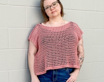 Holdo Tee Crochet Pattern by Rebecca Velasquez - RV Designs, Easy Mesh Summer Crop Top, Beach Swim cover up, Beginner friendly