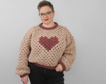 Infatuation Sweater Crochet Pattern Bulky Yarn, Oversized, Large Plus Size granny stitch pullover Easy & Fun
