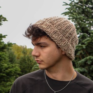 Op de afbeelding: Een bruin en beige gebreide beanie met een getextureerd, rechthoekig patroon. De muts is gemaakt van dik garen en heeft een omgeslagen rand. De achtergrond toont groene bomen en een bewolkte lucht.