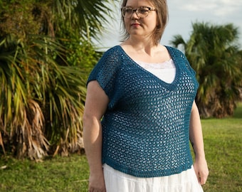Shirl Top Crochet Pattern by Rebecca Velasquez – RV Designs, Women’s sizes XS, S, M, L, 1X, 2X, 3X, 4X, 5X, 6X Easy Summer Tee