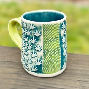 Handmade "Got Pot?" Coffee Mug, Marijuana Leaf Design