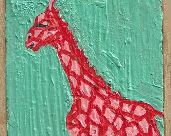 Mothers Day Red and Pink Giraffe small original oil painting animal living room art wall art hand painted blue pink red gold frame