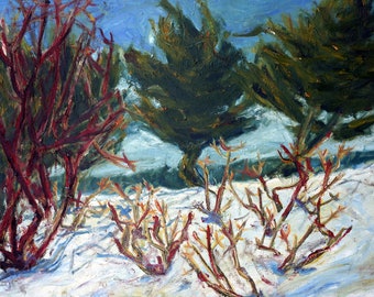 Mothers day Three Trees winter medium original oil painting landscape en pleine-air living room art wall art hand painted green white red