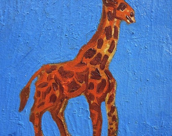 Mothers Day Blue Giraffe small medium original oil painting animal living room art wall art hand painted blue orange