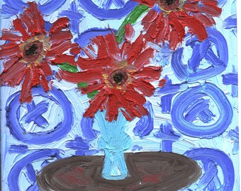 Mothers Day Van Gogh like Red Flowers, small original oil painting still life living room art wall art hand painted blue red