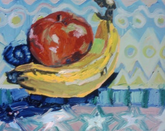Mothers Day Apples Bananas with Stars still life original oil painting small medium living room art wall art hand painted yellow red blue