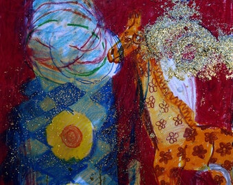 Mothers Day Gold Giraffe medium large original oil painting abstract animal living room art wall art hand painted paper glitter