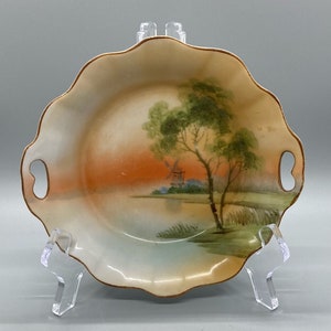 Vintage Nippon Trinket Dish Server with Handles, Lake, Tree, and Windmill