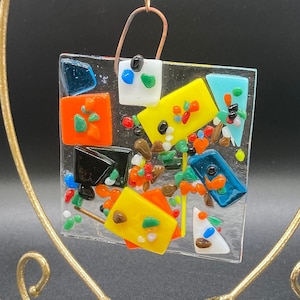 Vintage Fused Art Glass Square Abstract Christmas Ornament of Sun Catcher