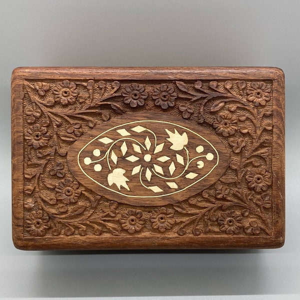 Vintage Indian Hand Carved Jewelry or Trinket Box of Sheesham Wood With Inlay