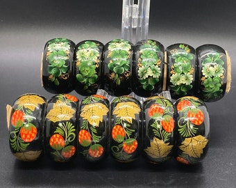 SINGLE SET of Hand Painted Vintage Black Lacquer Napkin Rings