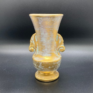 Vintage MCM Stangl Pottery Two Handle Urn Vase in Light Blue and Antiqued Gold