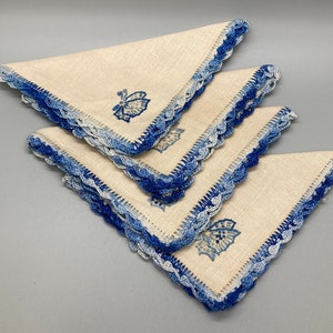 Set of Four Vintage Hand Embroidered Linen Napkins with Butterflies