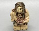 Vintage Hand Carved Bone Netsuke Good Vs Evil Figurine Man With Fish