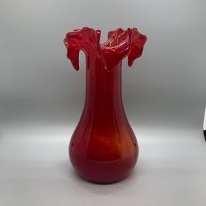 Vintage Hand Blown Red Swirled Art Glass Vase with Ruffled Edge