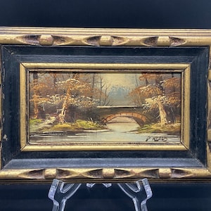 Vintage Miniature Oil on Board of a Woodland Bridge signed P. Klaus