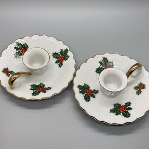 Vintage MCM Lefton Holly & Berries Hand Painted Christmas Candle Holder Set