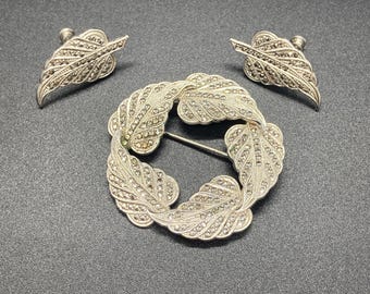 Vintage Sterling and Marcasite Brooch and Earring Set