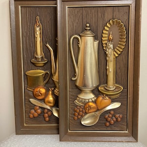 Pair of Vintage Hand Colored Truart Wall Hangings &#39;Pewterware&#39;