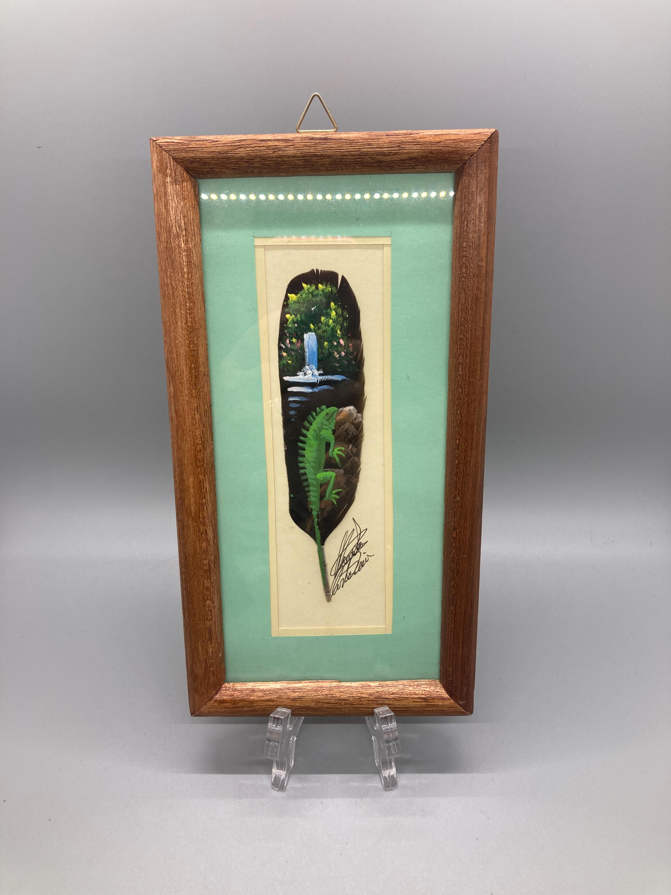 Framed Painted Feather Art From Costa Rica With Waterfall and