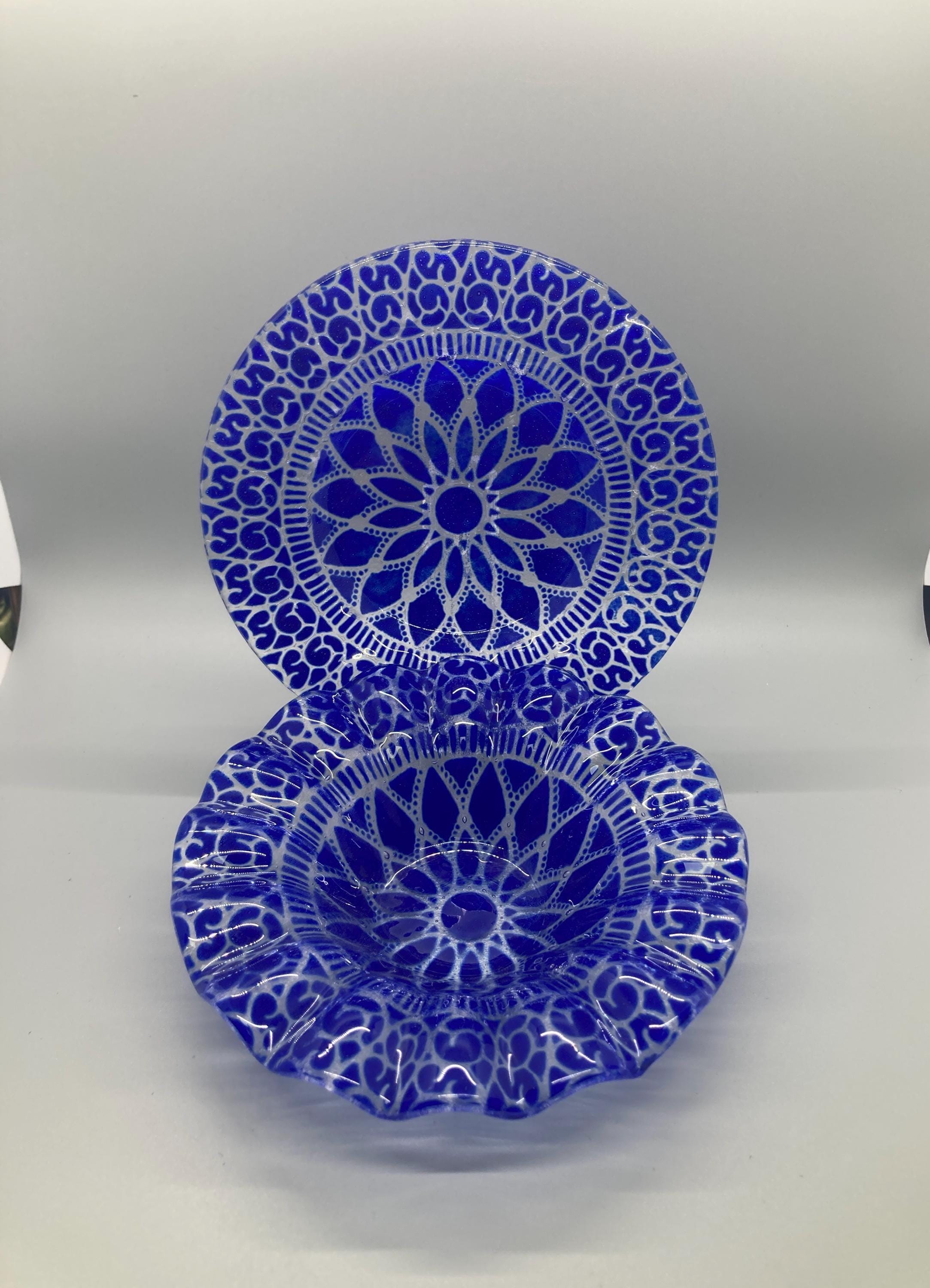 ステンドグラス No.2 Vintage Sydenstricker Cobalt Blue and Clear Fused Glass Bowl and