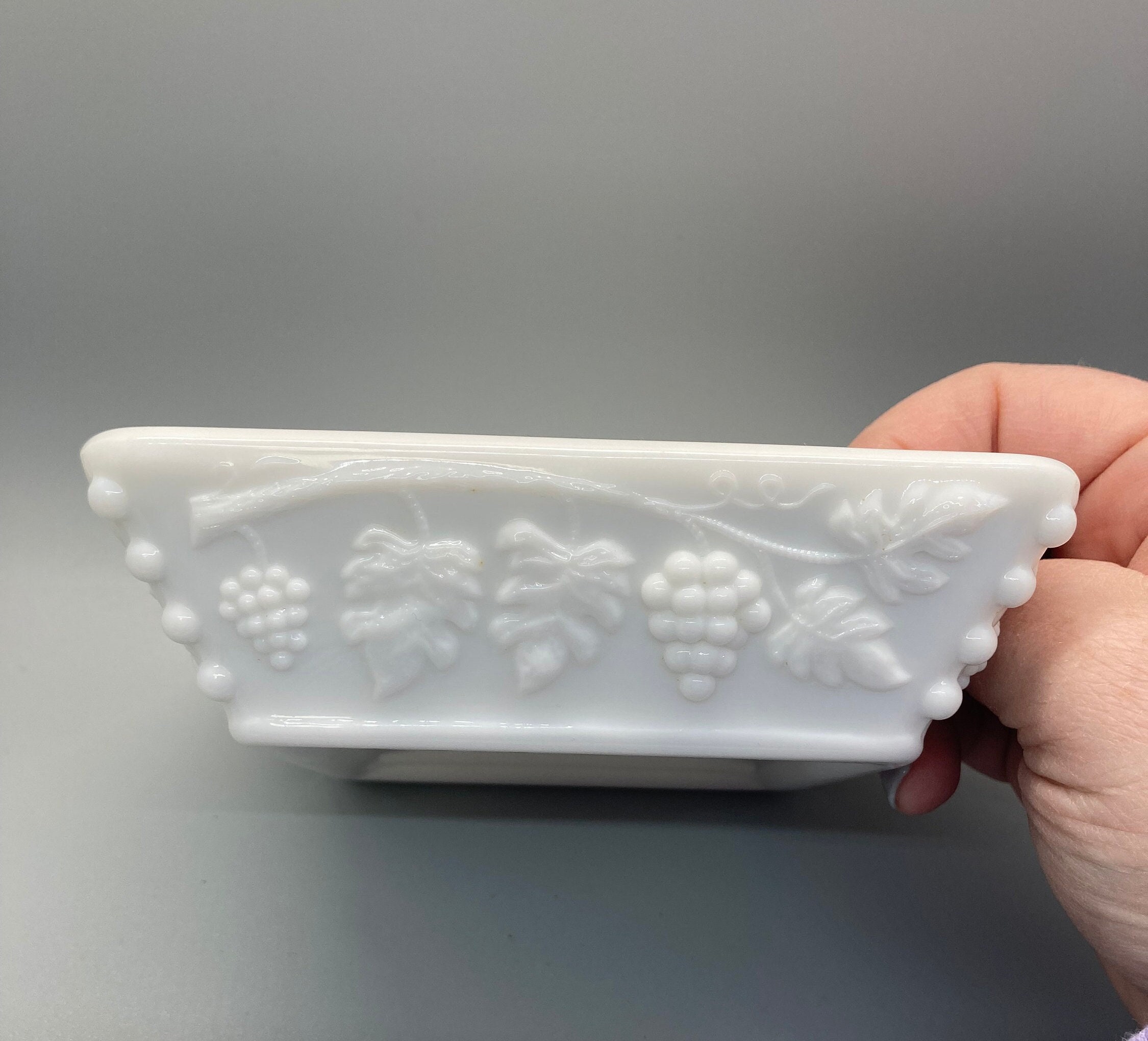 Vintage MCM Westmorland Milk Glass Ashtray Trinket Dish with Grapes and Leaves