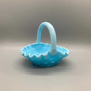 Vintage Light Blue Westmoreland Satin Glass Basket with Greenery Garland and Grape Design