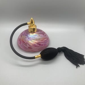Vintage Iridescent Pink Rosetree Art Glass Perfume Bottle with Atomizer