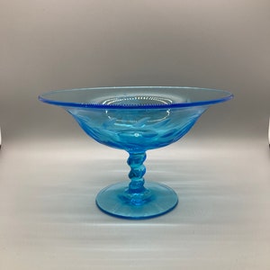 Vintage Blue US Glass Etched Depression Glass Compote with Twisted Base