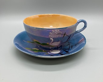 Vintage Blue Luster Ware Tea Cup and Saucer with Swan