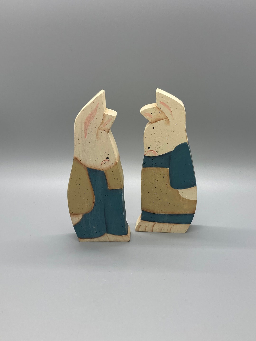 Vintage Hand Painted Pair of Wood Rabbit Figurines - Etsy