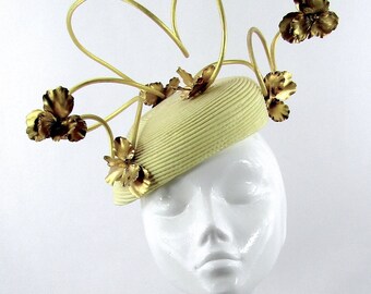 Bespoke Lemon & Gold Metal Swirl Pillbox Hat for Wedding, Ascot, Kentucky Derby, Galway Races, Dubai World Cup, Melbourne Cup