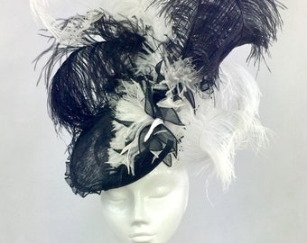 Bespoke Black & White Ostrich Feather Headdress for Royal Ascot, Weddings, Kentucky Derby, Galway Races, Dubai World Cup, Melbourne Cup