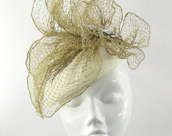 Ivory Parisisal Pillbox Hat with Gold Glittered Petals