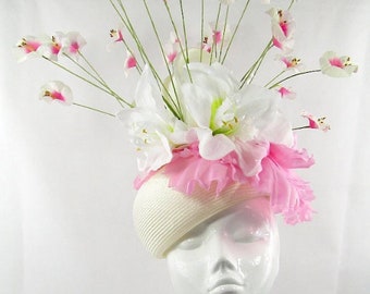 White Parisisal Pillbox Hat with Floral Trim for Wedding, Races, Royal Garden Party, Special Occasion