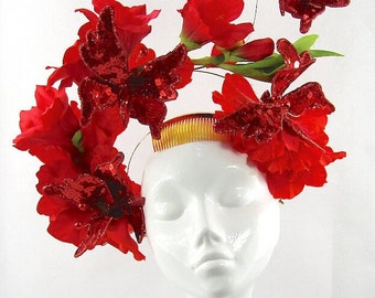 Red Flower & Sequinned Butterfly Headdress Wedding, Races, Special Occasion Headwear