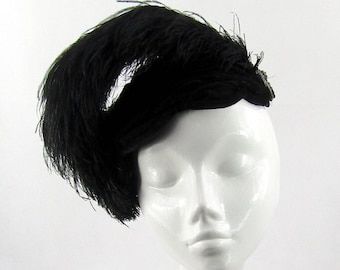 Vintage Black Velvet Skull Cap Shaped Feather Hat for Wedding Hat Races Special Occasion Headwear Royal Garden Party
